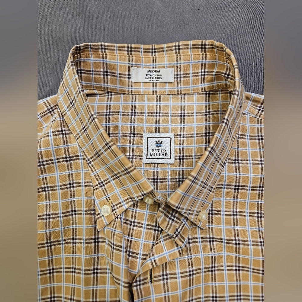 Peter Millar Button Up Shirt Men Medium Tan White Casual Cotton Long Sleeve *